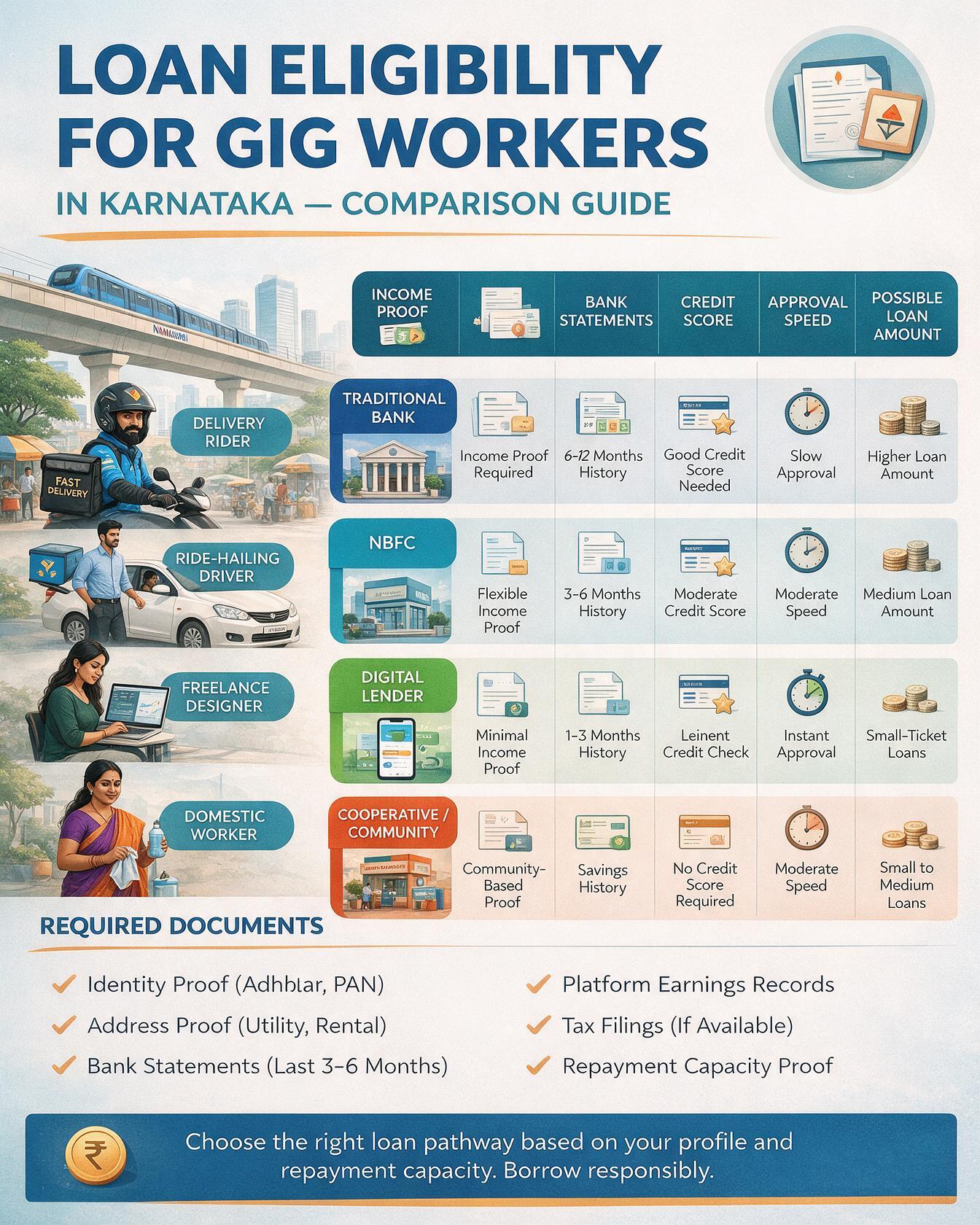 Loan Eligibility for Gig Workers in Karnataka comparison guide showing key eligibility factors, documents, credit score, income requirements, loan options, and repayment terms.